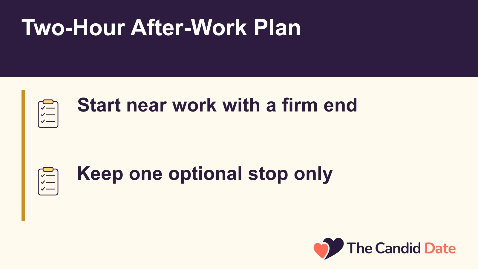 Two-Hour After-Work Plan: Start near work with a firm end Keep one optional stop only The Candid Date editorial infographic.