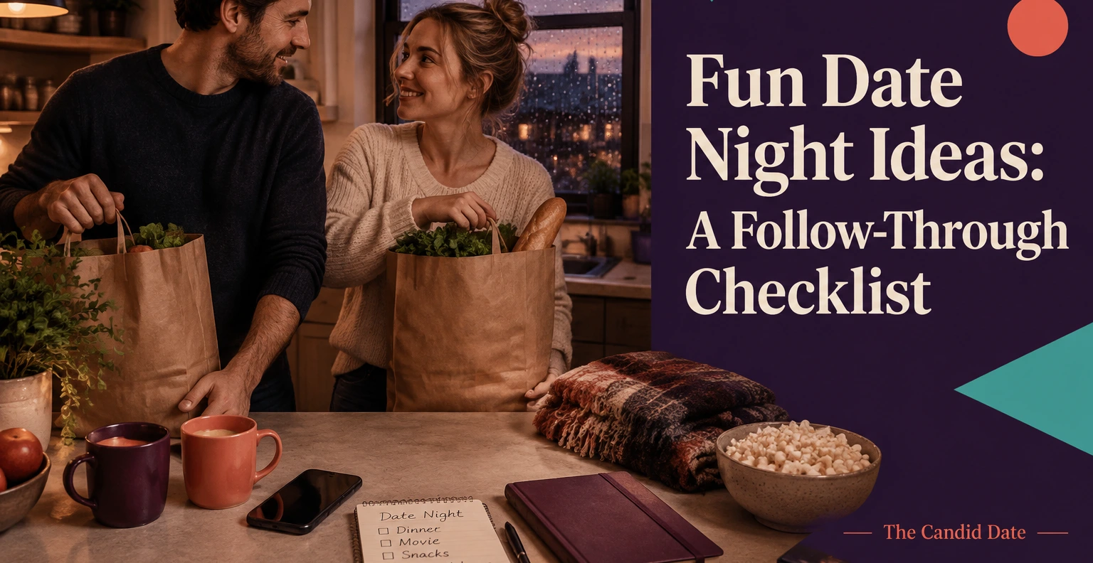 Fun Date Night Ideas: A Follow-Through Checklist. Illustrated editorial cover, not a member profile.