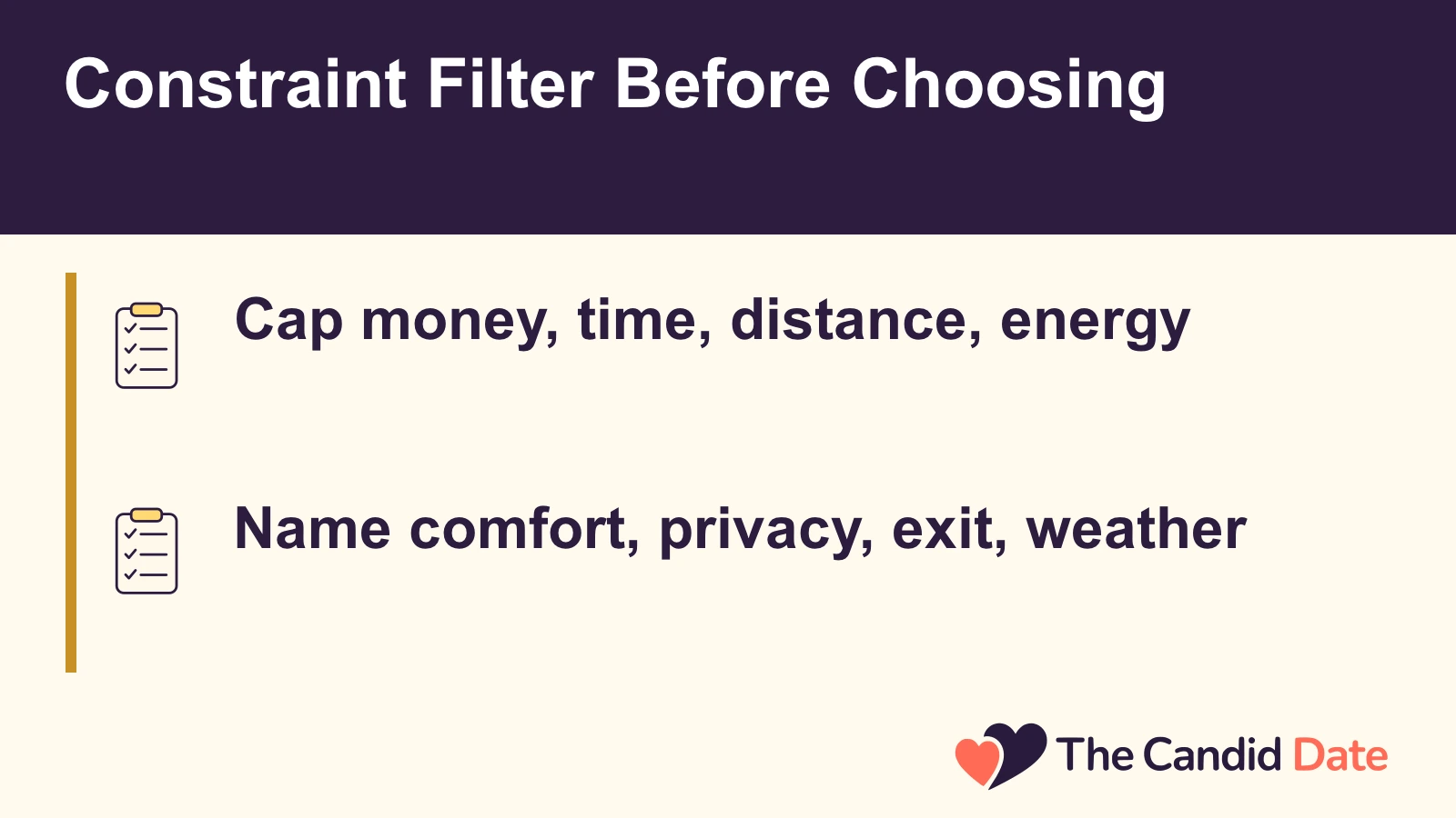 Constraint Filter Before Choosing: Cap money, time, distance, energy Name comfort, privacy, exit, weather The Candid Date editorial infographic.