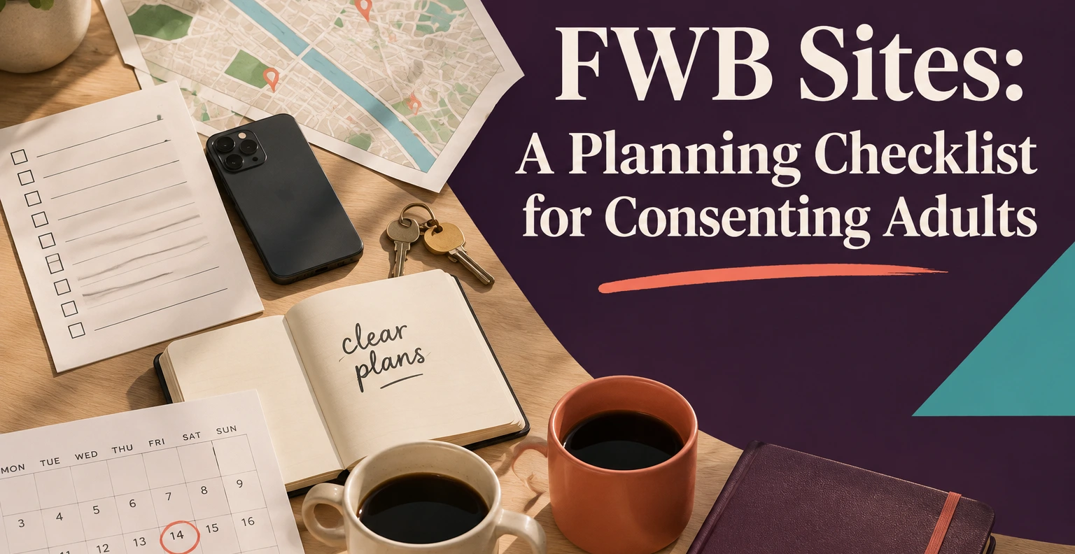 FWB Sites: A Planning Checklist for Consenting Adults. Illustrated editorial cover, not a member profile.