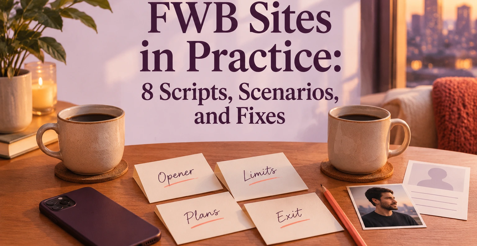 FWB Sites in Practice: 8 Scripts, Scenarios, and Fixes. Illustrated editorial cover, not a member profile.