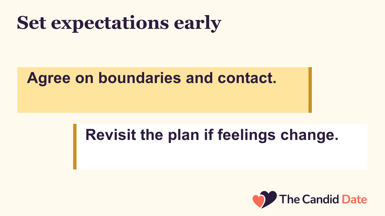Set expectations early: Agree on boundaries and contact. Revisit the plan if feelings change. The Candid Date editorial infographic.