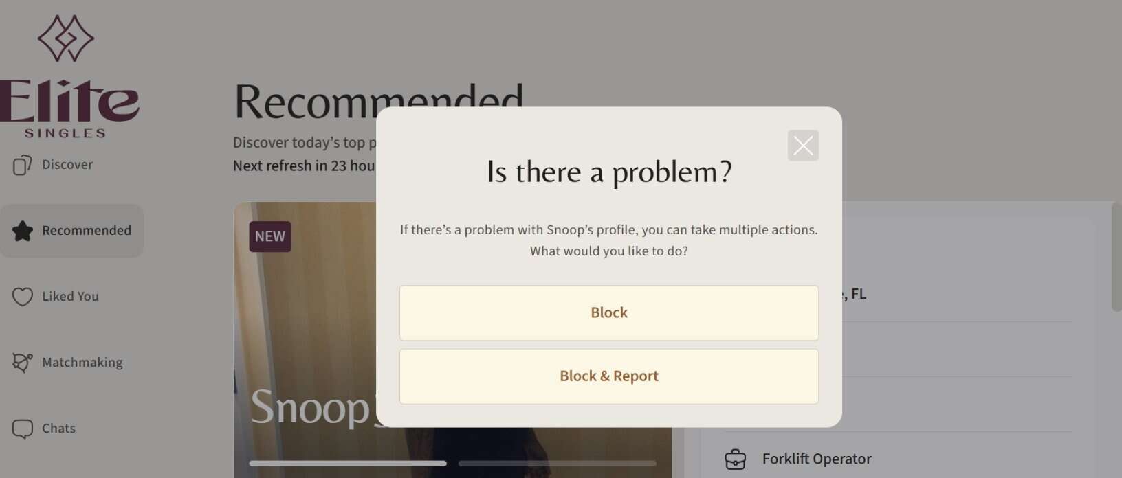 EliteSingles report and block options