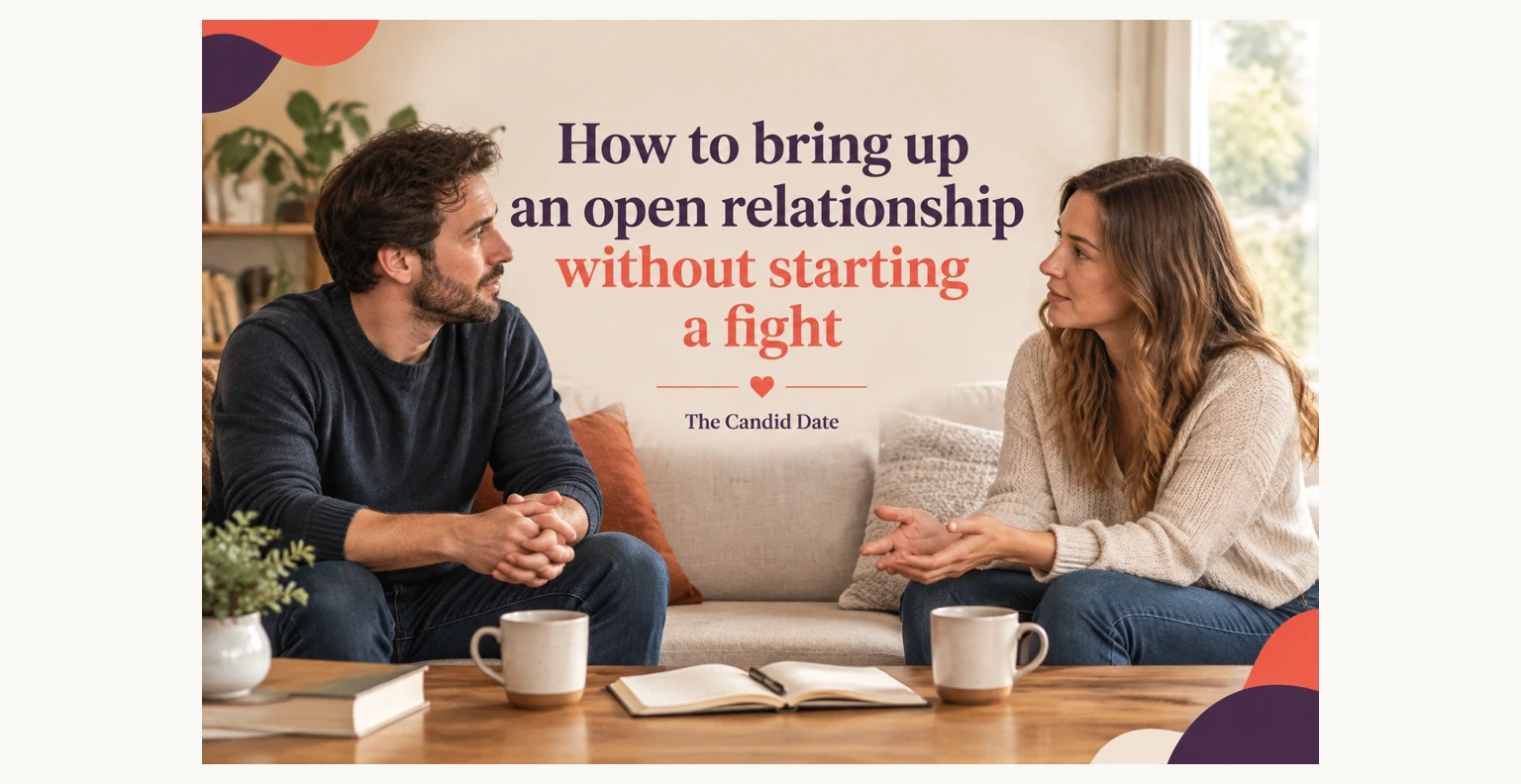 A bearded man and a woman with long hair sit facing each other on a couch in conversation, coffee mugs and an open notebook on the table.