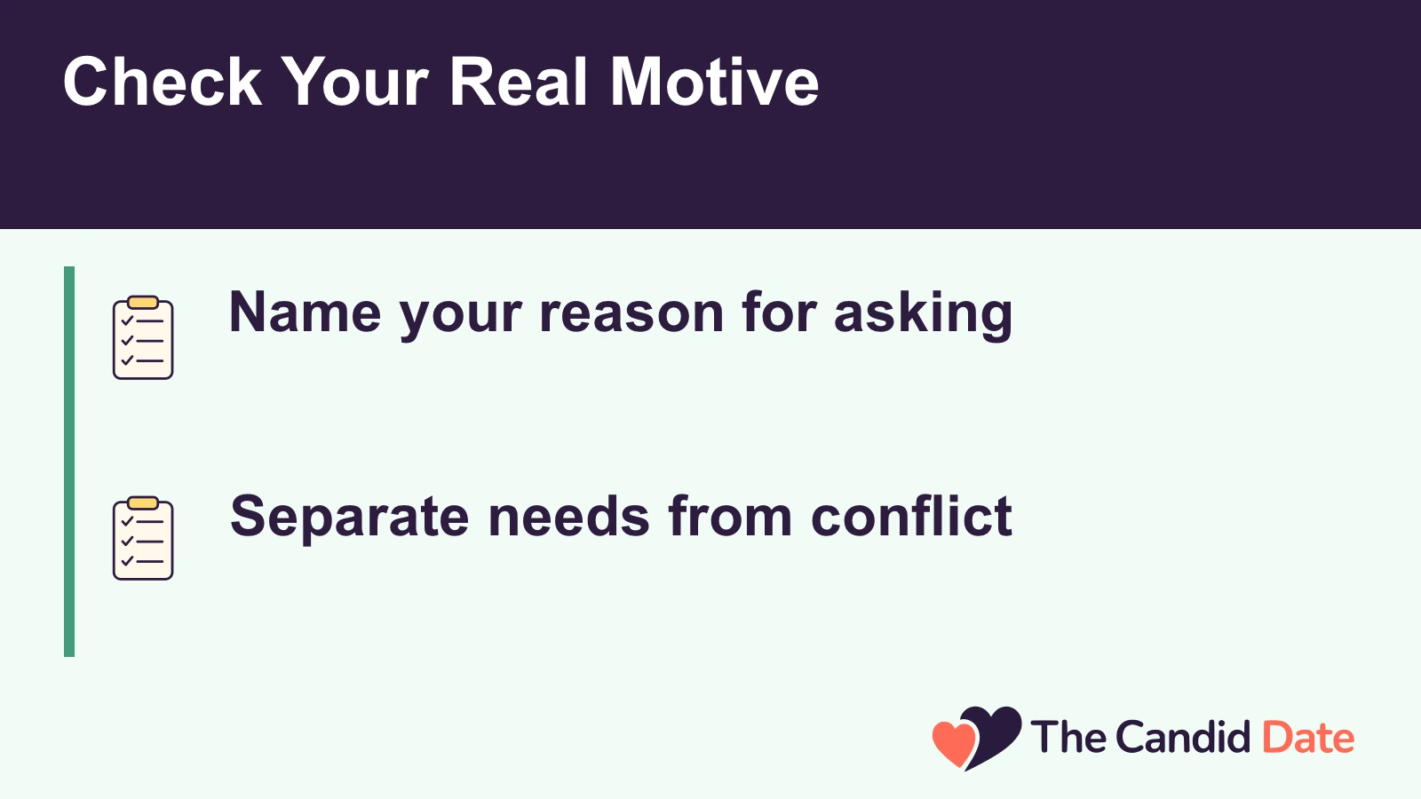 Check Your Real Motive: Name your reason for asking Separate needs from conflict The Candid Date editorial infographic.