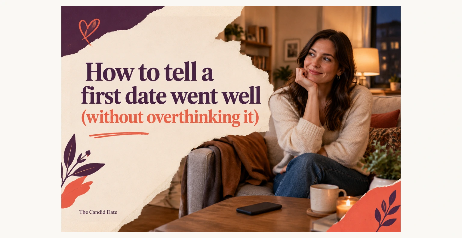 Smiling woman in a cream sweater sits on a cozy sofa, chin on hand, beside a lamp, plants, coffee mug, candle and phone.