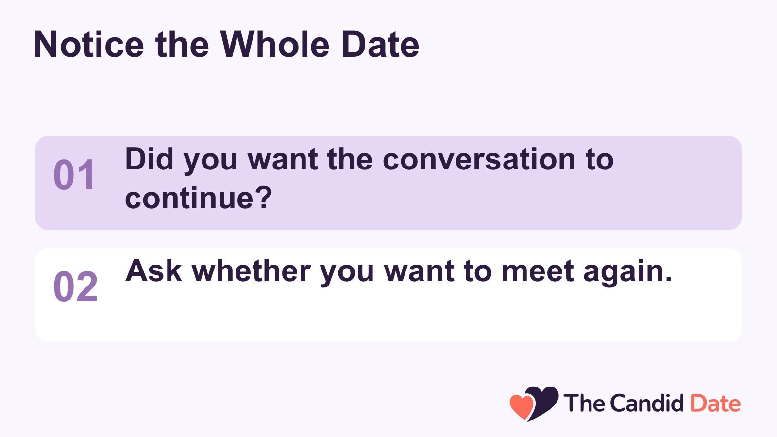 Notice the Whole Date: Did you want the conversation to continue? Ask whether you want to meet again. The Candid Date editorial infographic.