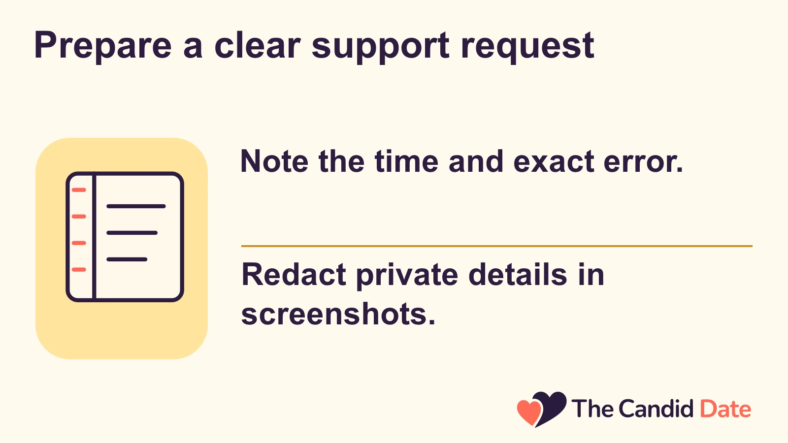Prepare a clear support request: Note the time and exact error. Redact private details in screenshots. The Candid Date editorial infographic.