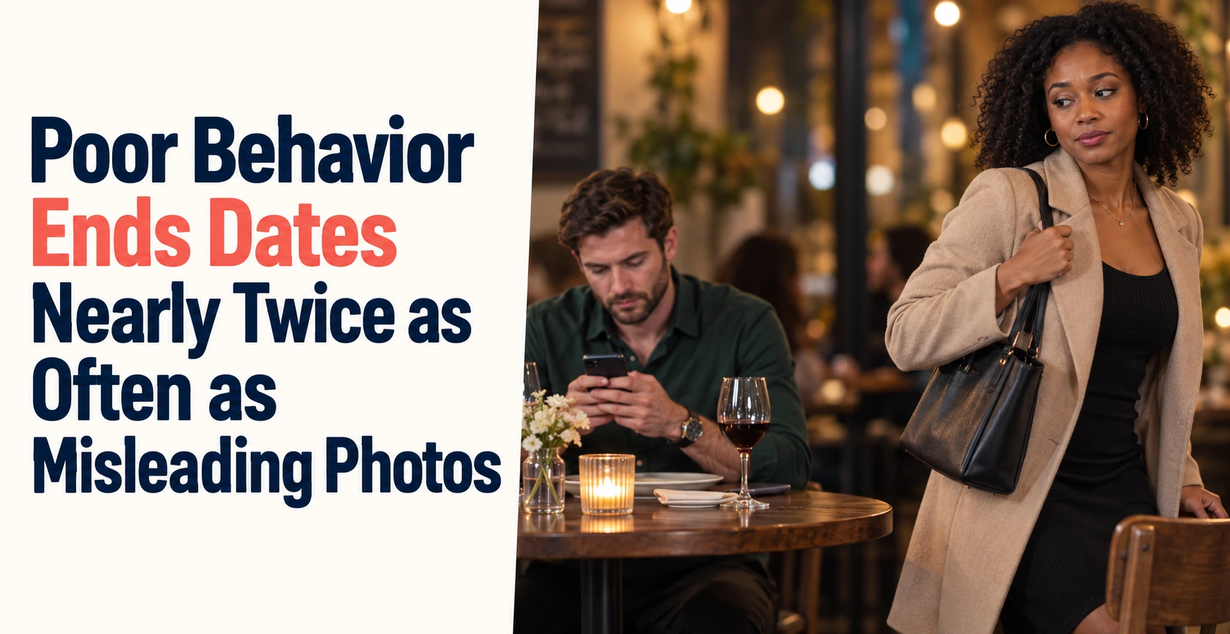 A woman picks up her handbag to leave a cafe date while the man across the table remains distracted by his phone.