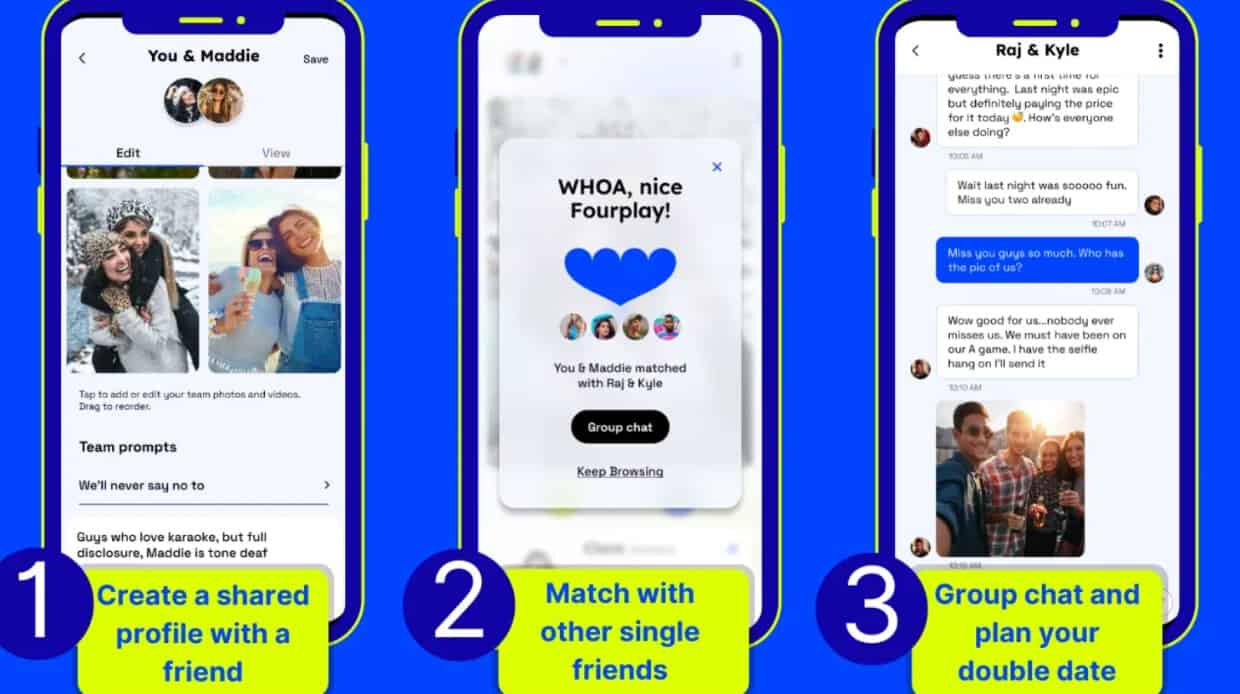 Screenshot of Fourplay ad showing how the app works on three phones