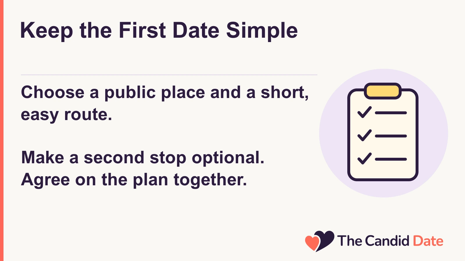 First-date planning checklist: choose a public place and short route, keep a second stop optional, and agree on the plan together.