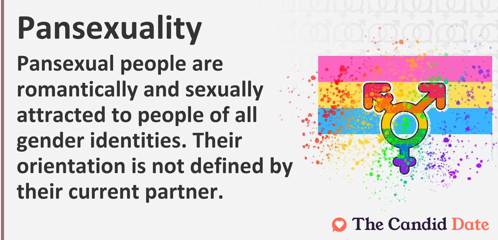 Pansexual people are romantically and sexually attracted to people of all gender identities. Their orientation is not defined by their current partner.