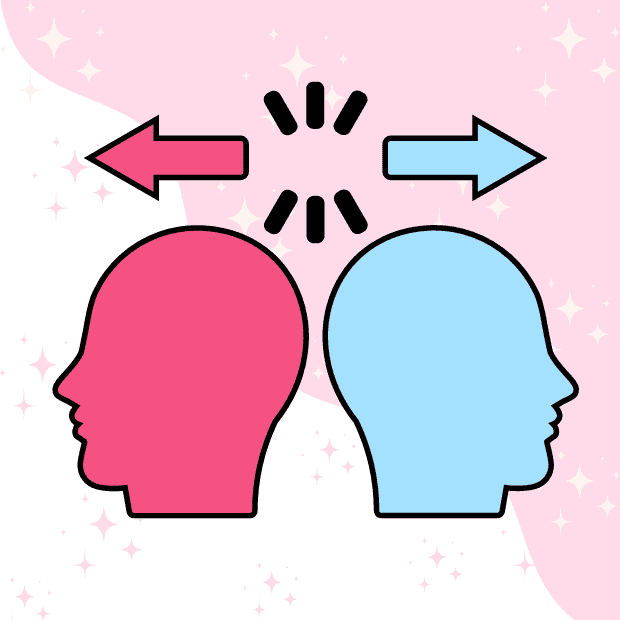 Opposites attract graphic two heads looking in opposite directions