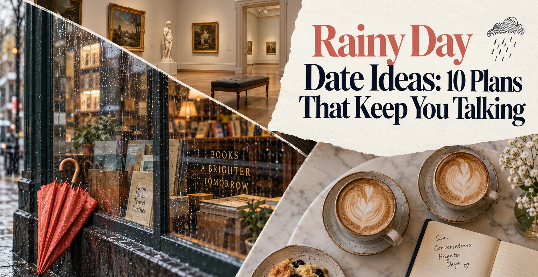 An editorial collage of a rainy window, a bookshop, a museum room and an umbrella, with the full rainy-day date title.