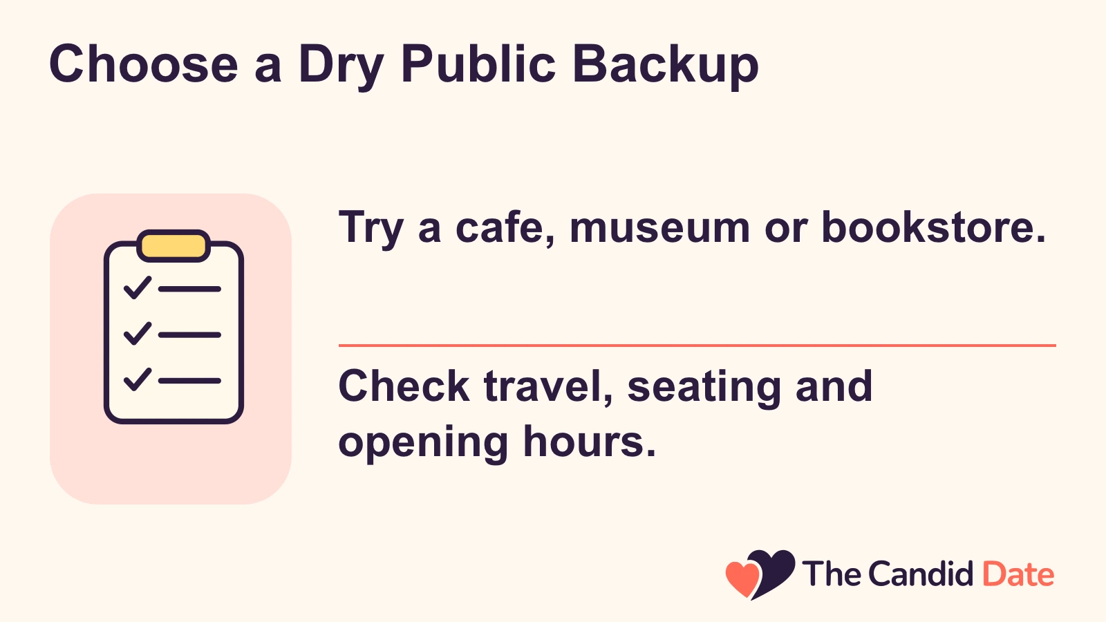 Choose a Dry Public Backup: Try a cafe, museum or bookstore. Check travel, seating and opening hours. The Candid Date editorial infographic.