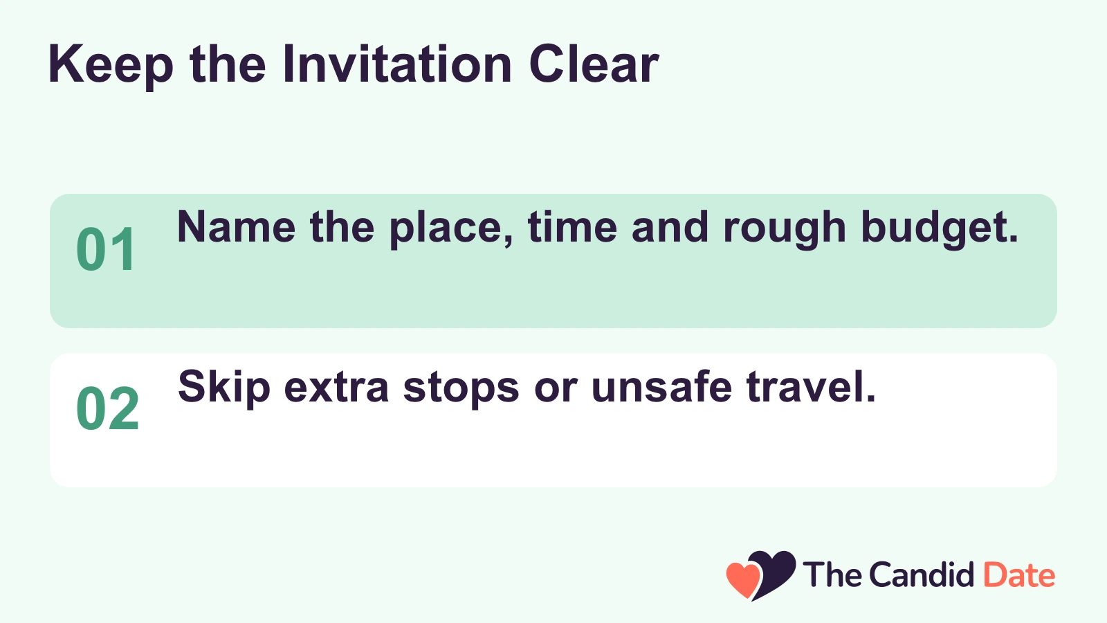 Keep the Invitation Clear: Name the place, time and rough budget. Skip extra stops or unsafe travel. The Candid Date editorial infographic.