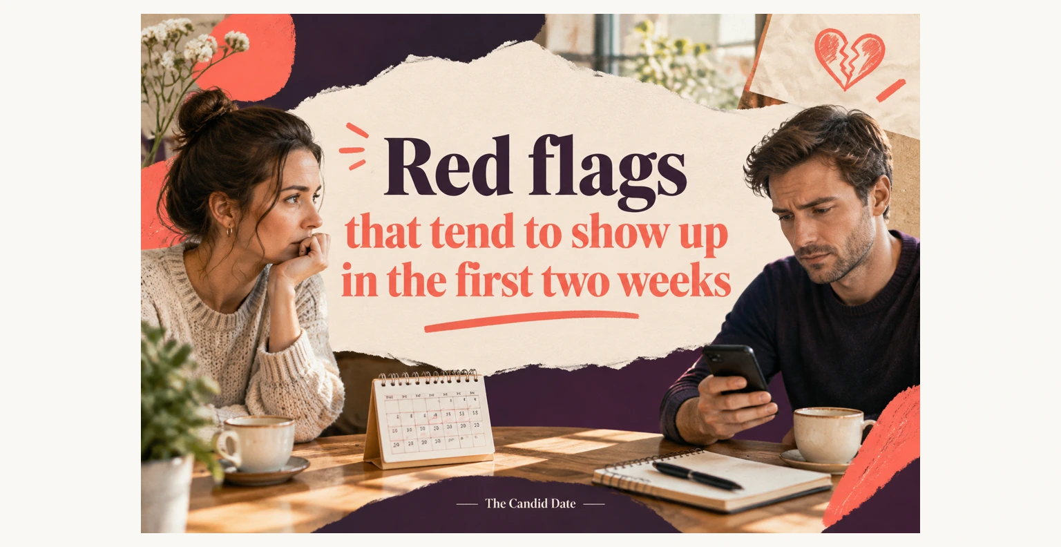 Illustrated cover showing a woman in a cream sweater and a man checking his phone seated at a cafe table with coffee cups, a calendar, notebook, and a broken heart graphic.