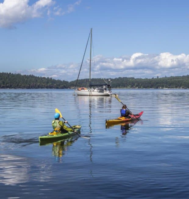 People kayaking on lake