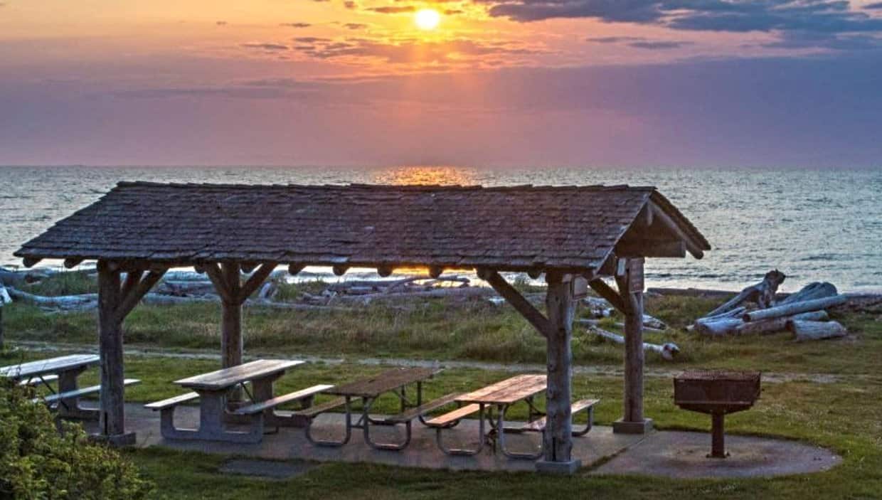 Washington State Park picnic area overlooking lake sunset