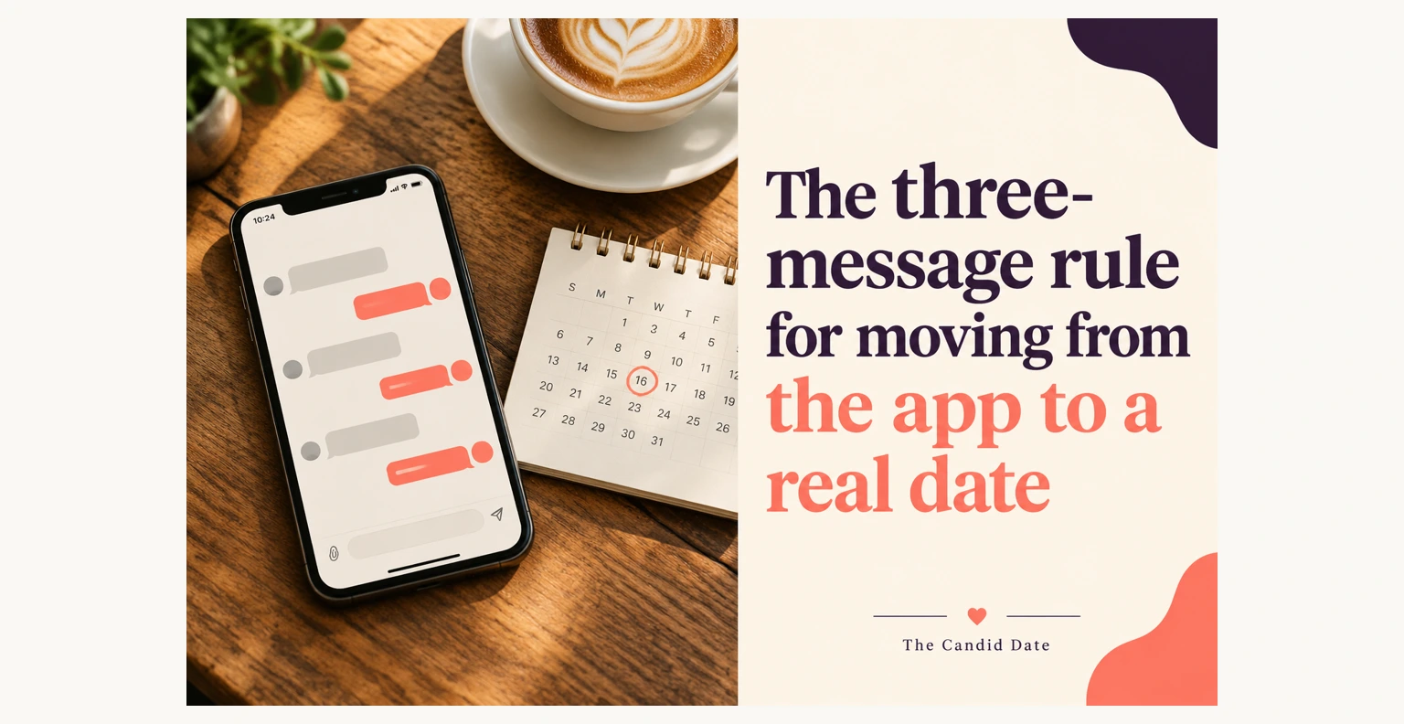 AI-generated cover art: smartphone with chat bubbles, circled spiral calendar, latte art and plant on wood, beside a cream text panel.