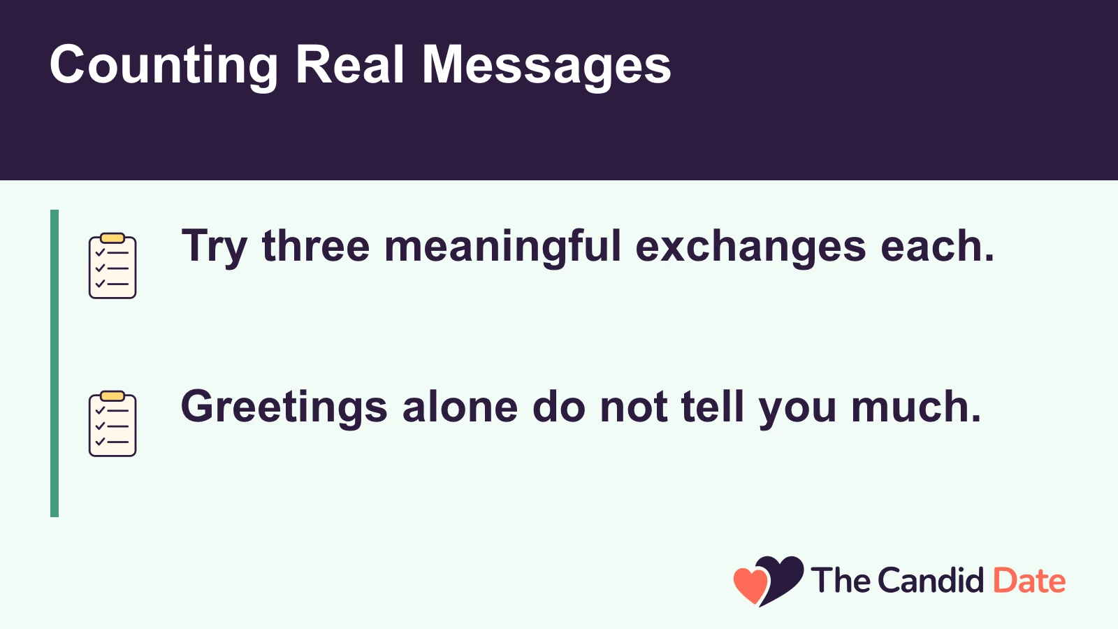 Counting Real Messages: Try three meaningful exchanges each. Greetings alone do not tell you much. The Candid Date editorial infographic.
