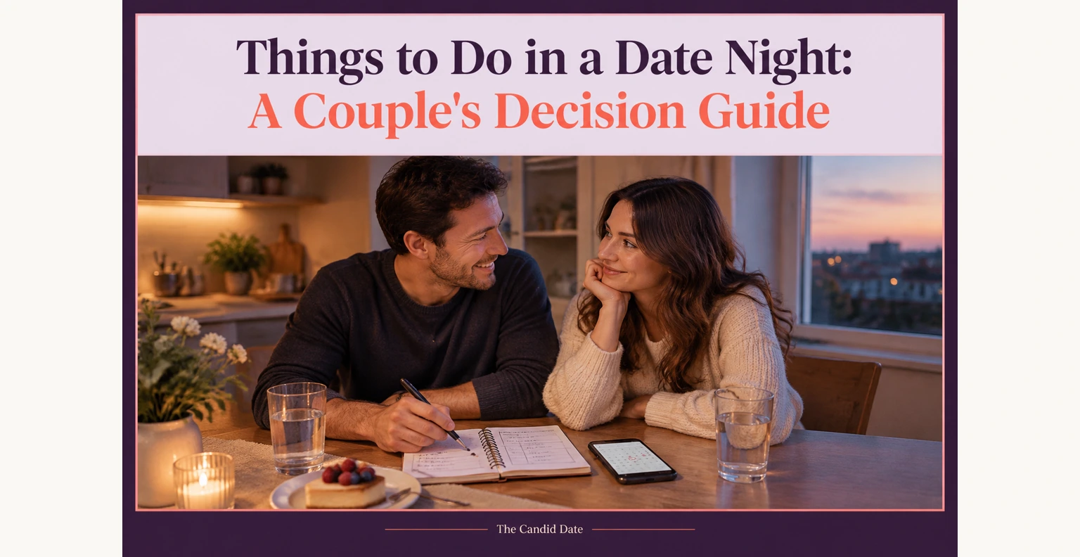 A smiling couple sits at a candlelit wooden table by a sunset window; he writes in a notebook near water glasses, a phone, and dessert.