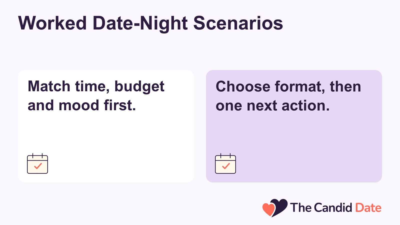 Worked Date-Night Scenarios: Match time, budget and mood first. Choose format, then one next action. The Candid Date editorial infographic.