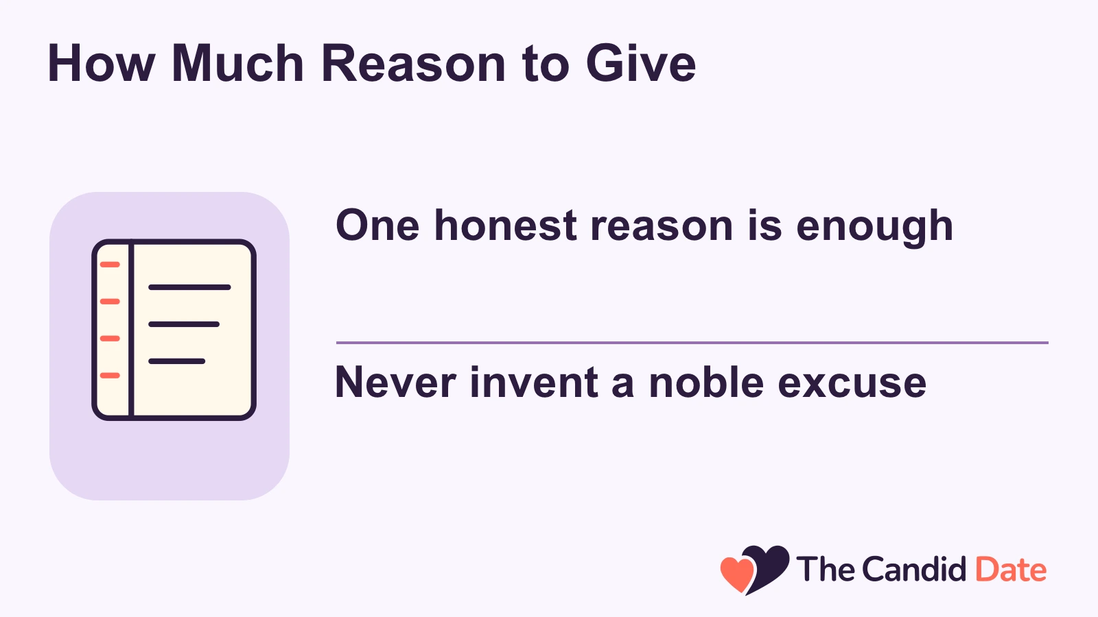How Much Reason to Give: One honest reason is enough Never invent a noble excuse The Candid Date editorial infographic.