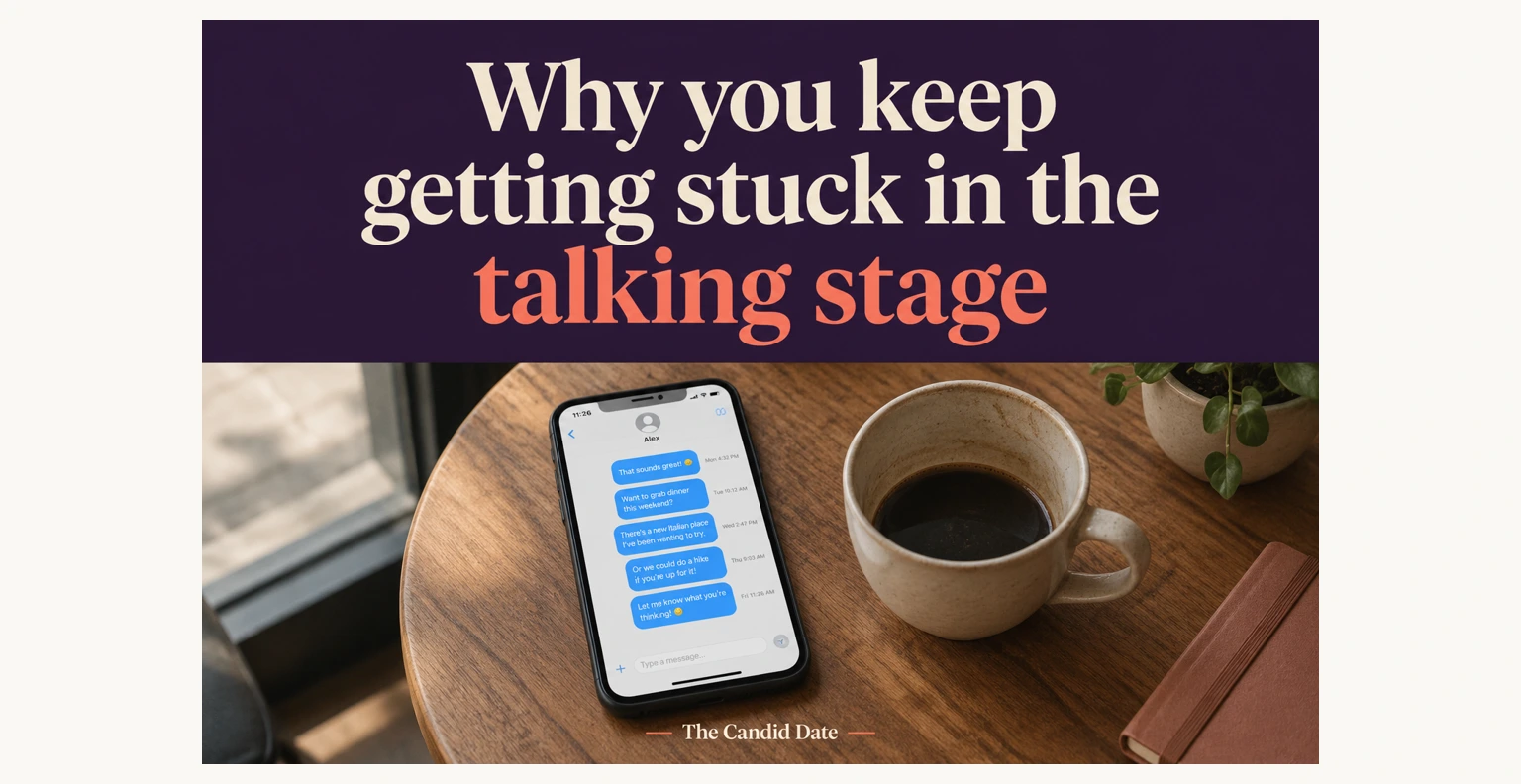 AI-generated image of a smartphone showing flirty text messages on a wooden cafe table beside a cup of black coffee, a potted plant, and a notebook.