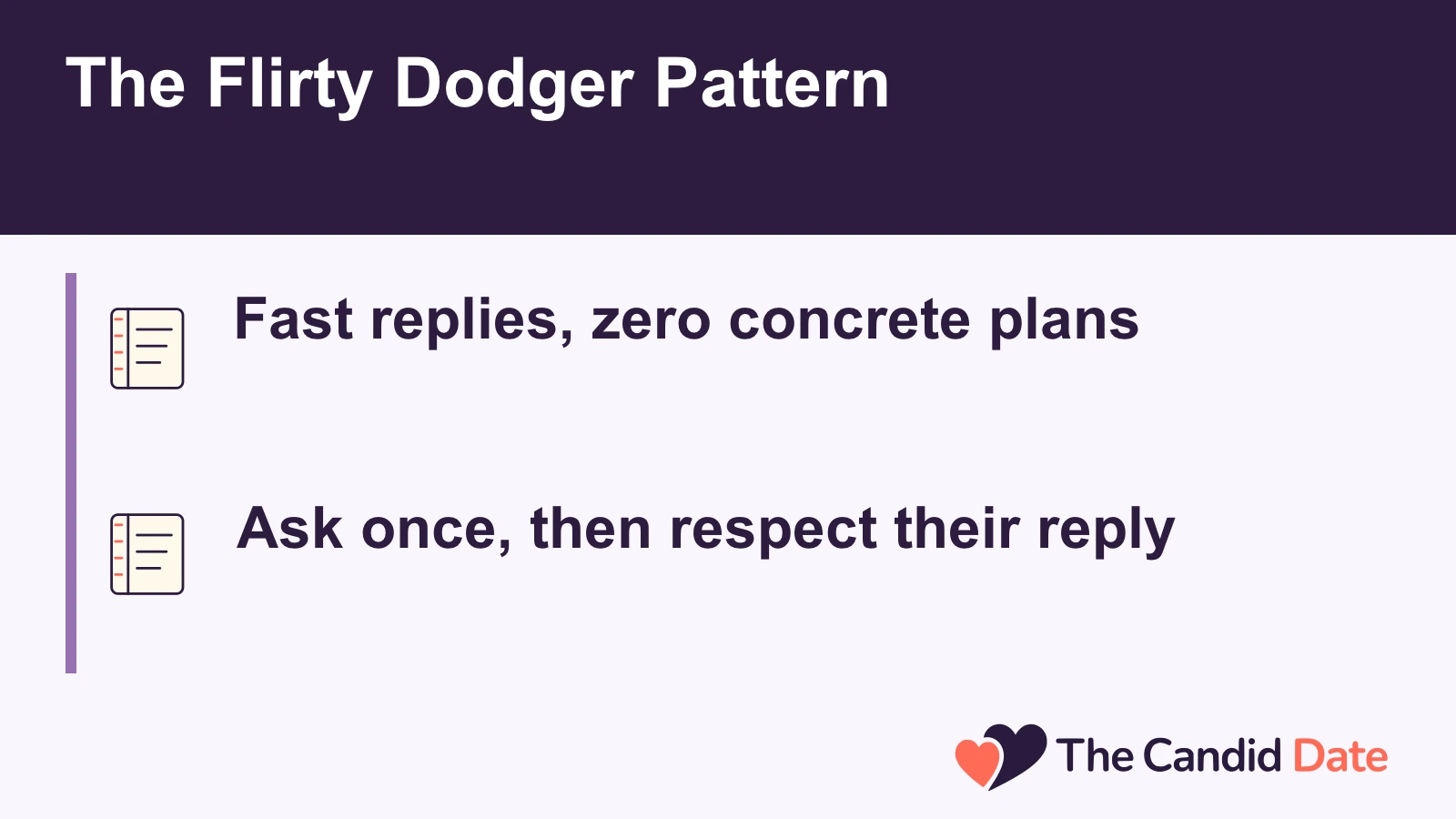 The Flirty Dodger Pattern: Fast replies, zero concrete plans Ask once, then respect their reply The Candid Date editorial infographic.