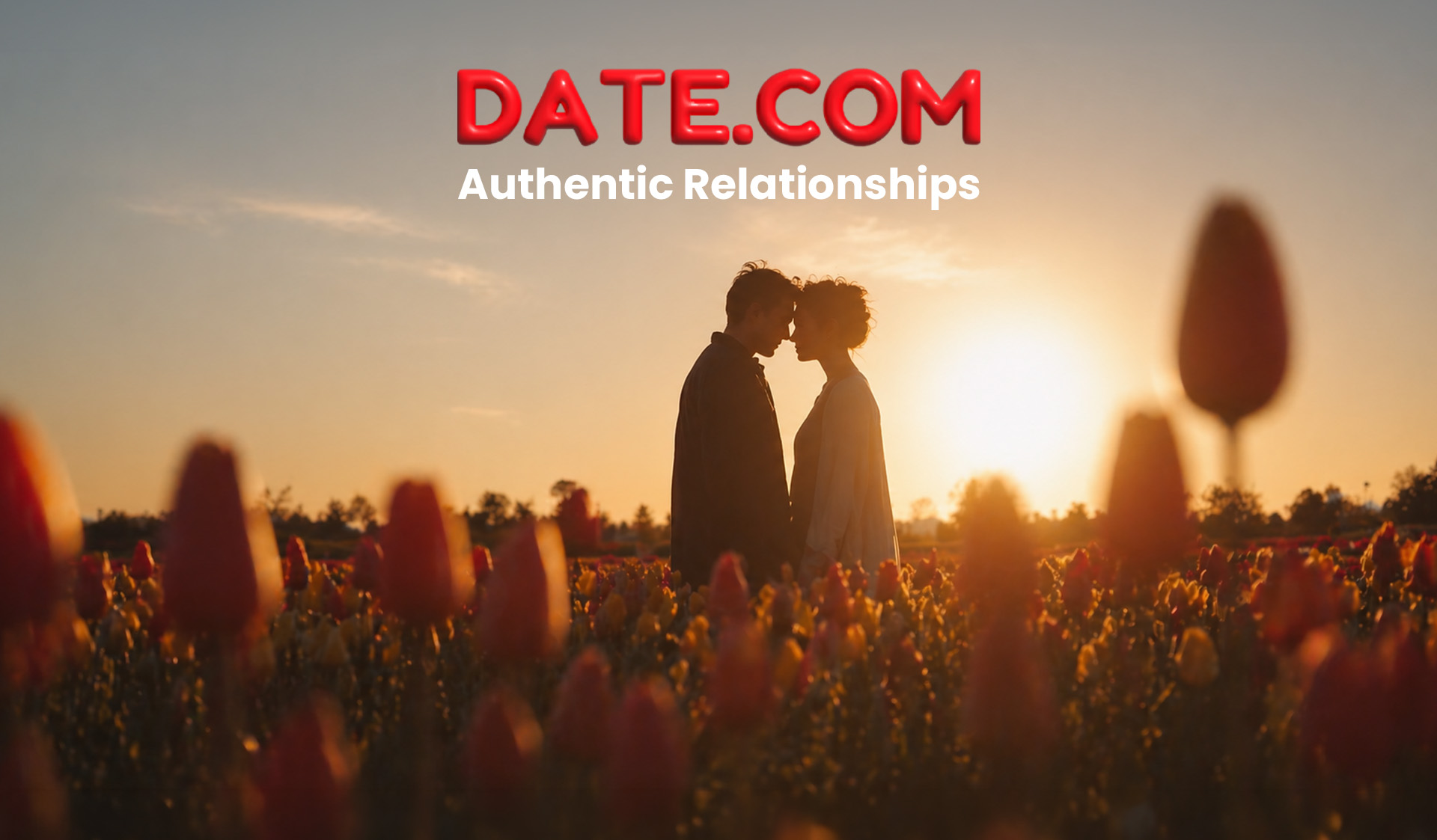Date.com — Authentic Relationships. A couple together outdoors at sunset.